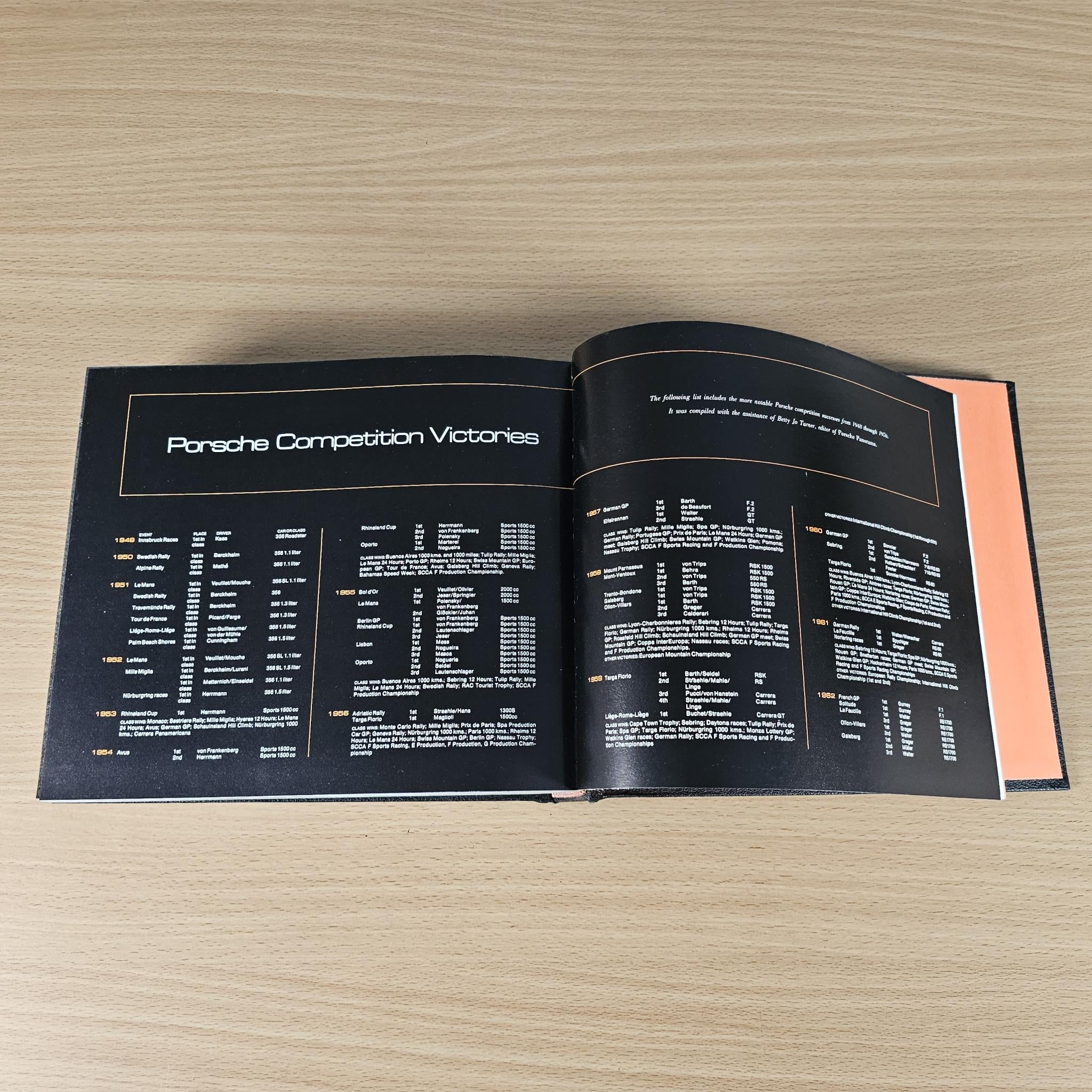 Open book page titled “Porsche Competition Victories” with tables and text.