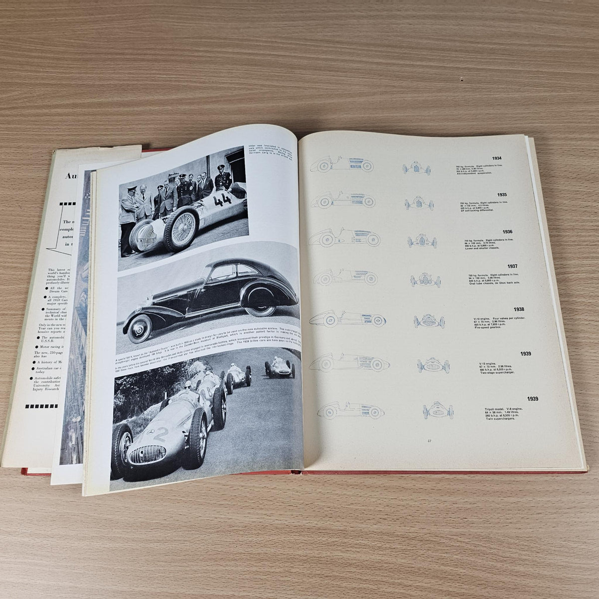 Automobile Year 1958-1959 booklet open with black-and-white car race photos