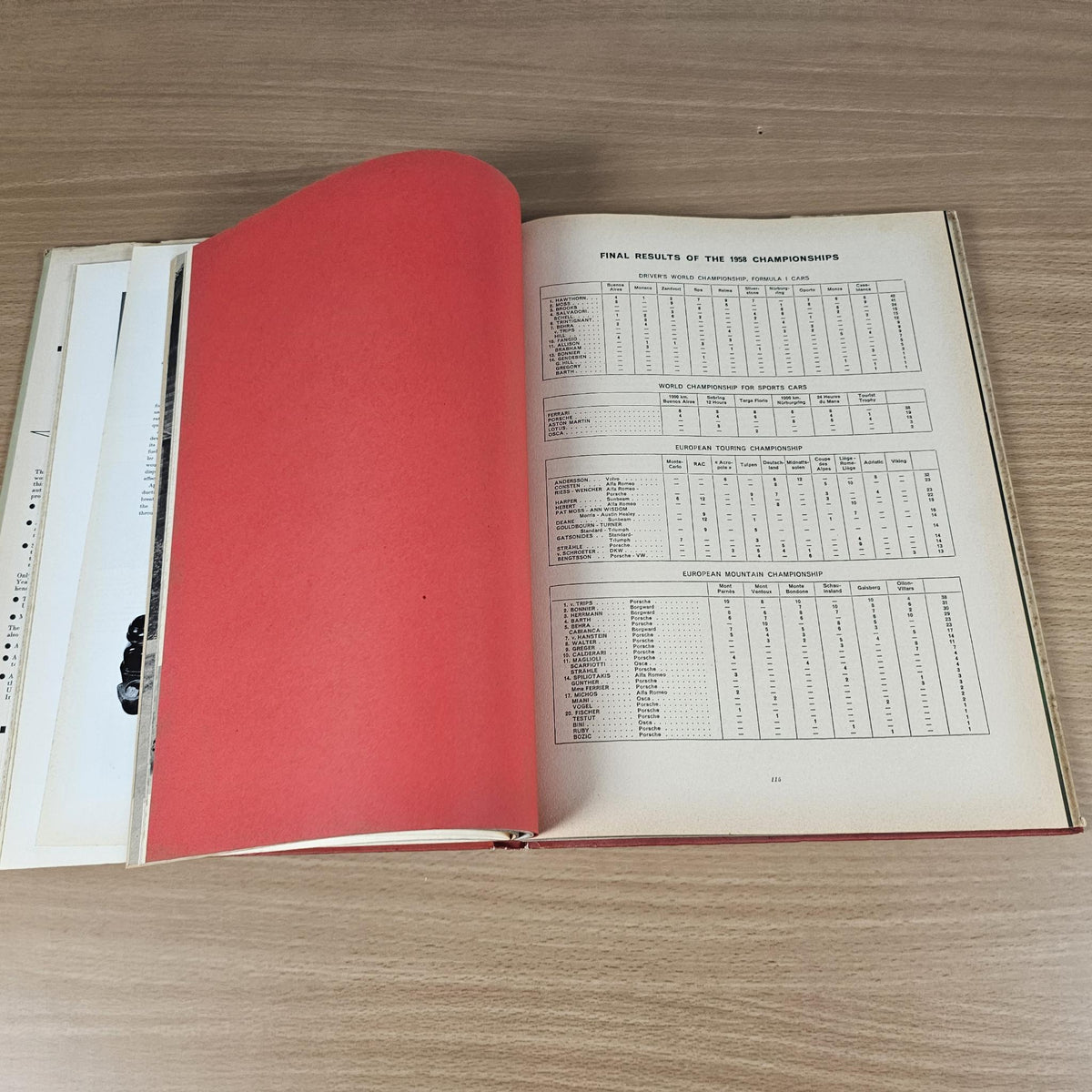 Automobile Year 1958-1959 booklet open with red page and race results table