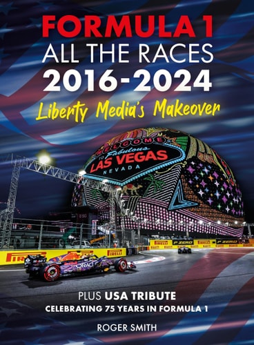 Race-themed Formula 1 book cover, 2016-2024 with Las Vegas helmet graphic