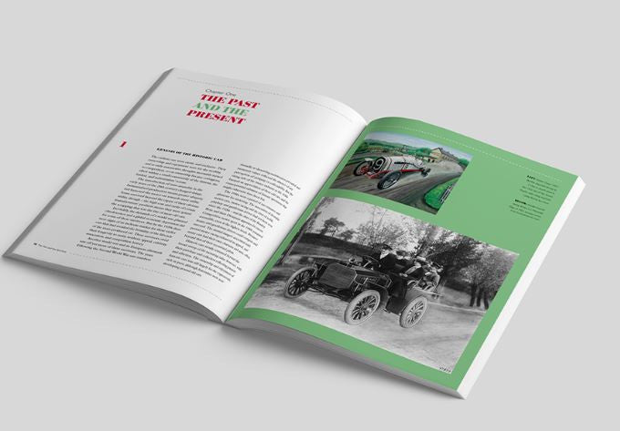 Open historic cars book with green photo page and white text columns