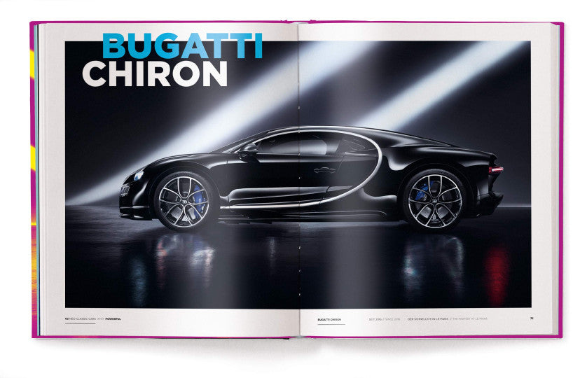 Open automotive book featuring a black Bugatti Chiron sports car