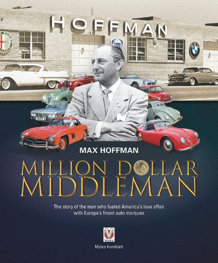 Book cover: man in gray suit with red classic cars