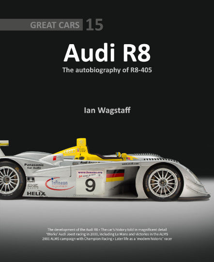 Audi R8 racing book cover with white race car, number 9, author Ian Wagstaff