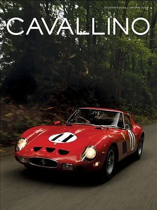 Cavallino automotive history journal cover with red Ferrari-style race car and white title