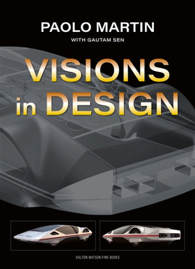 Book cover Visions in Design with Paolo Martin, Gautam Sen, and concept cars