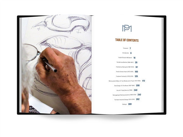 Design book spread showing hand sketching and a table of contents page