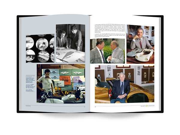 Design book spread with photos of designers working and discussing product concepts