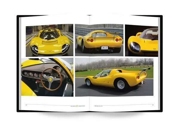 Design book spread featuring a yellow sports car with multiple angles and sketches