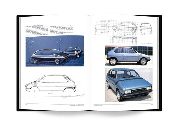 Design book spread with blue car photos, sketches, and side and top views