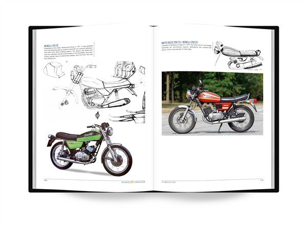 Design book spread with a red motorcycle photo and line drawings