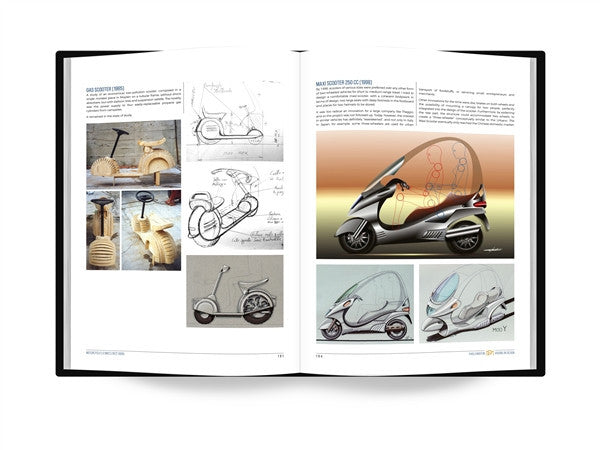 Design book spread with scooter concepts, diagrams, and renderings in multiple views