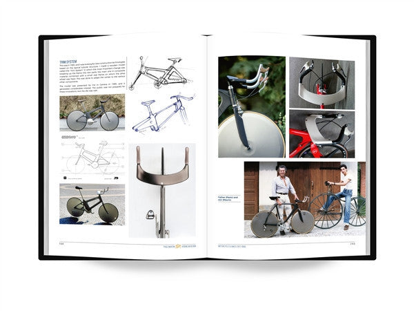 Design book spread showing bicycle design sketches and prototypes photos