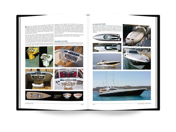 Design book spread with ship concept diagrams and a photo of a yacht