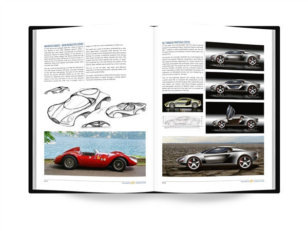Design book spread with car sketch sheets and photos of red and gray sports cars