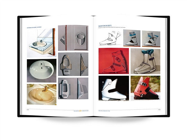 Design book spread with product concepts for a sink and bathroom accessories