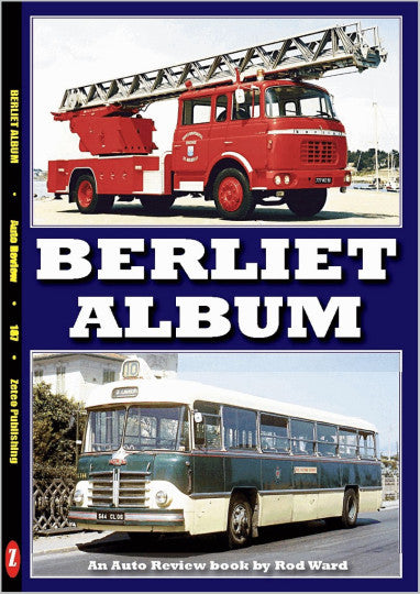 Berliet Album auto review book cover with red truck and blue bus illustrations