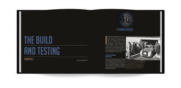 Open book spread titled THE BUILD AND TESTING with small race car photos on right
