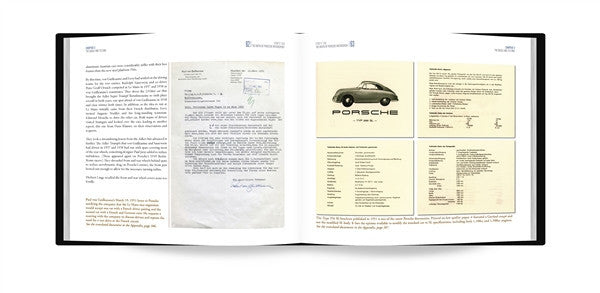 Open book spread with technical diagrams and a small Porsche car illustration