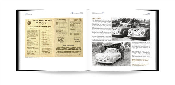 Open book spread with a numbered table and multiple race car photos