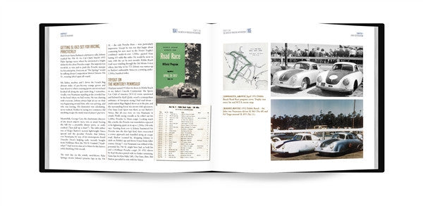Open book spread with text columns, a diagram, and multiple race car photos