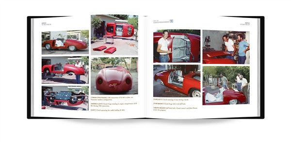 Open book spread with red sports car photos and captions across two pages
