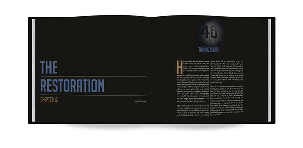 Porsche motorsport photo book, dark cover 'THE RESTORATION' and chapter text