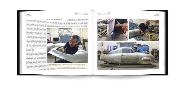 Open photo book spread with text columns and multiple Porsche car images