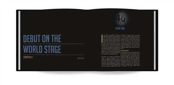 Porsche motorsport photo book, dark cover 'DEBUT ON THE WORLD STAGE' chapter text