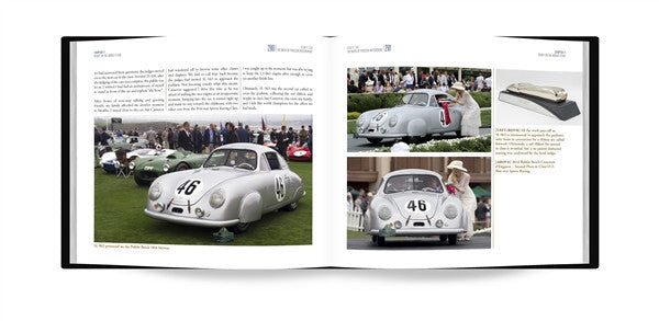 Open photo book spread with classic Porsche car photos and outdoor event pictures