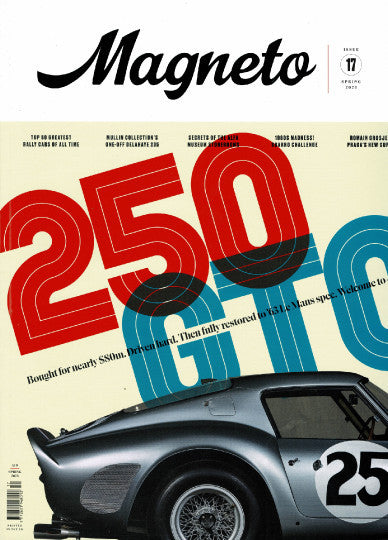 Magneto Magazine issue 17 Spring 2023 magazine cover with sports car and 250 graphic