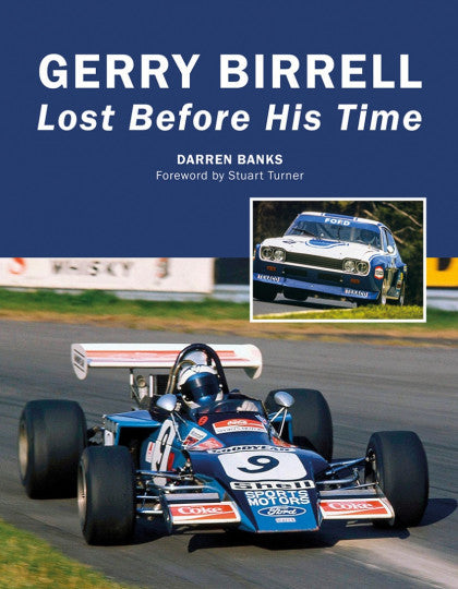 Book cover: 'Lost Before His Time' with a blue classic race car