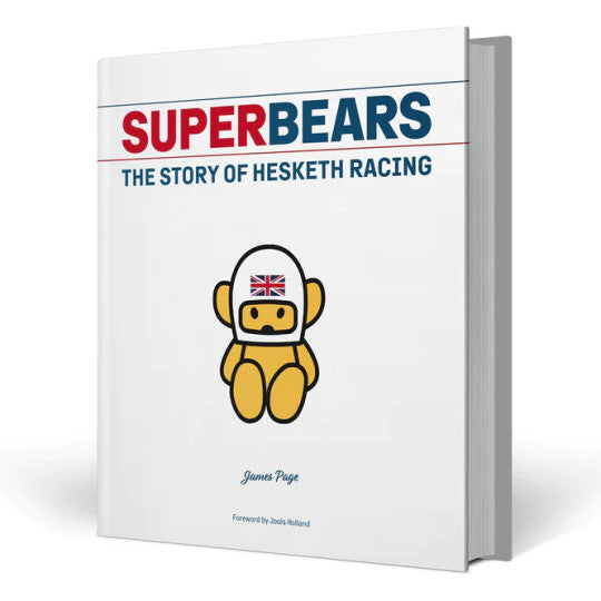 Hardcover book with white cover, red title 'Superbears', bear mascot and UK flag