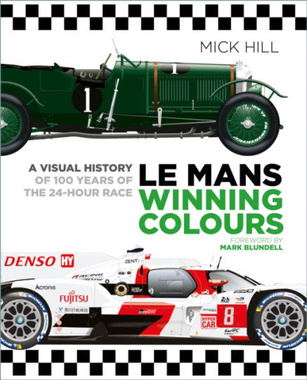 Motorsport history book cover with green and red Le Mans race cars and title text