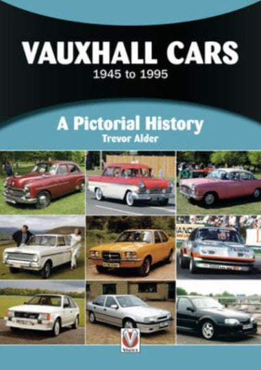 Vauxhall Cars pictorial history book cover with vintage car collage and blue title