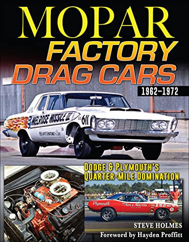 Vintage drag cars book cover: white car, engine bay, and race car inset