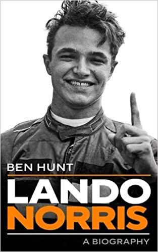Lando Norris biography book cover with smiling portrait and bold black-orange title text