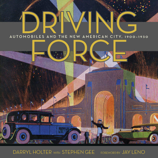 Hardcover book cover with illustrated city street and vintage automobiles in blue and orange