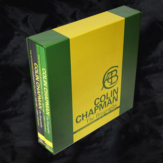 Hardcover biography book with green and yellow spine and Colin Chapman logo