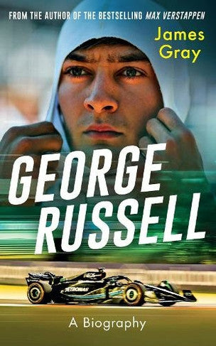 George Russell biography book cover with portrait and green racing car, title text