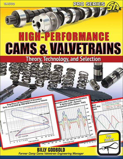 High-performance cams & valvetrains book cover with camshafts, valve springs, and tech charts