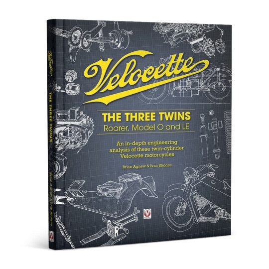 Velocette The Three Twins book cover, dark with yellow logo and motorcycle line art.