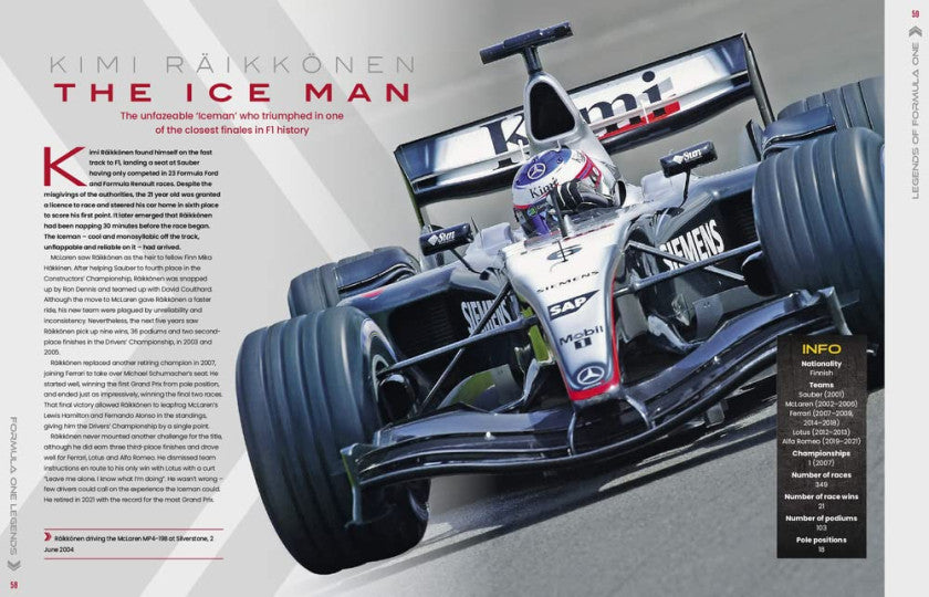 Racing legends book spread featuring a blue-and-white F1 car and driver in cockpit