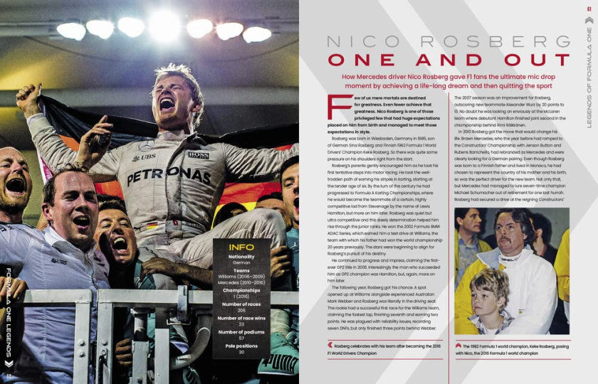 Racing legends book spread with driver celebration and “Nico Rosberg One and Four” heading