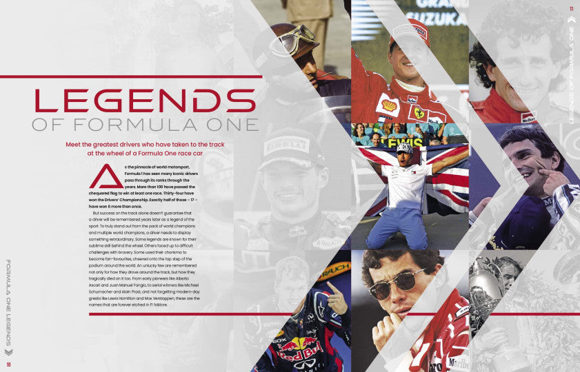 Racing legends book spread with “Legends of Formula One” header and action driver photos