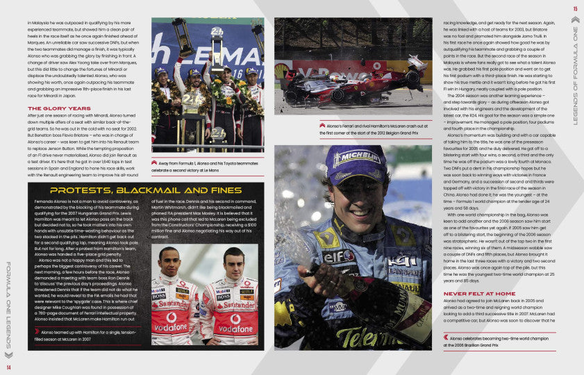 Racing legends book spread with multiple driver photos and text section columns