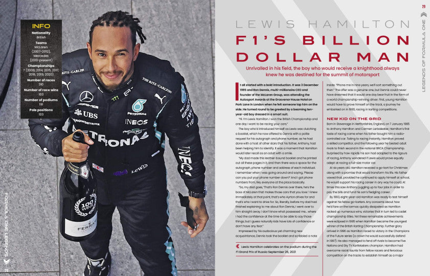 Racing legends book spread with Lewis Hamilton portrait and “Billion Dollar Man” text