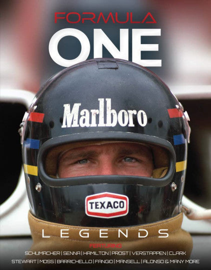 Racing legends book cover with Formula One helmet and “Legends” title