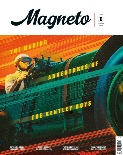 Magazine cover with car artwork, Magneto logo, and issue 19 badge