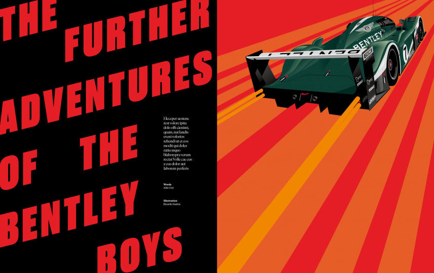 Magazine cover with red headline The Further Adventures and sports car artwork